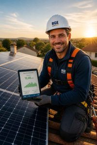 Technicien souriant en équipement de sécurité sur un toit avec des panneaux solaires fraîchement installés, tenant une tablette affichant des données de production. Installation professionnelle certifiée RGE