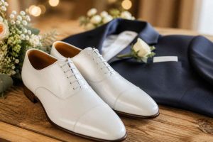 Chaussures blanches de cérémonie posées à côté de fleurs et d'une veste de costume sur une surface en bois. Idée de look pour mariage ou occasion habillée avec des chaussures blanches élégantes