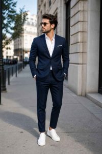 Homme élégant en costume bleu marine associé à des sneakers blanches basses sur un trottoir urbain. Tendance mode homme : comment porter des chaussures blanches avec un costume avec style