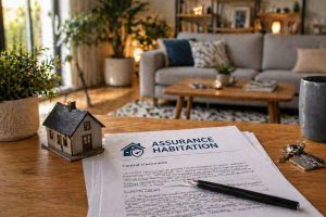 Intérieur de maison avec documents d’assurance habitation illustrant la protection du logement et des biens personnels