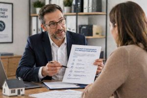Conseiller expliquant un contrat multirisque habitation à un client pour illustrer le choix des garanties