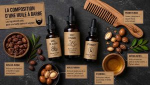 Vue à plat de flacons d'huile à barbe en verre avec étiquettes kraft, peigne en bois, graines de jojoba et noix d'argan sur ardoise sombre. Guide des ingrédients naturels pour barbe