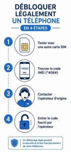 Infographie verticale expliquant comment débloquer légalement un téléphone en 4 étapes