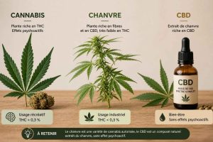 Illustration claire des différences entre cannabis, chanvre et CBD pour mieux comprendre leurs usages et leurs effets