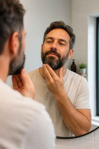 Homme barbu se regardant dans un miroir de salle de bain et inspectant sa barbe soignée. Routine de soin quotidienne, comparatif huile et baume à barbe