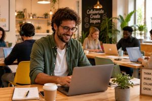 Un espace de coworking animé où les indépendants travaillent dans une ambiance collaborative et inspirante
