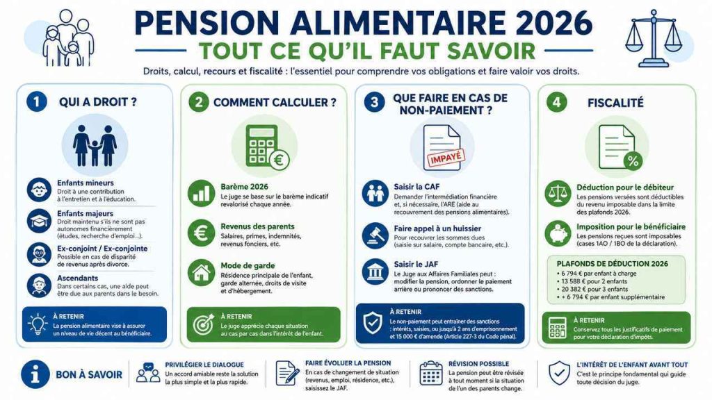 Infographie complète sur la pension alimentaire 2026 : droits, calcul, recours et fiscalité. À partager !
