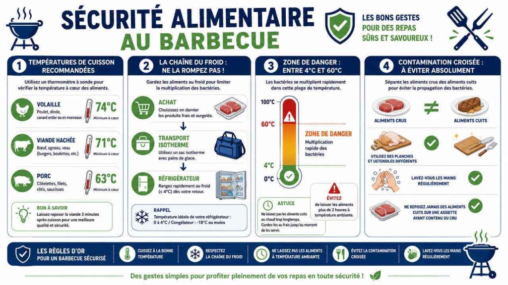 Infographie complète sécurité alimentaire barbecue : températures de cuisson, chaîne du froid, contamination croisée. Toutes les infos pour cuisiner sans risque