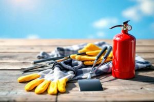 Équipement de sécurité pour barbecue : gants, ustensiles longs, extincteur. Prévenez les brûlures et accidents lors de vos cuissons estivales