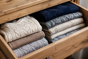 Pulls en laine et vêtements en maille pliés à plat dans un tiroir en bois : la bonne méthode pour conserver leur forme et éviter la déformation