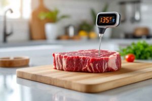 Thermomètre de cuisine mesurant la température de la viande pour un barbecue en toute sécurité. Découvrez les températures recommandées pour éviter les risques sanitaires