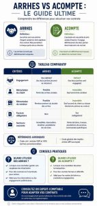 Infographie complète pour comprendre les différences entre arrhes et acompte, avec conseils juridiques et exemples concrets