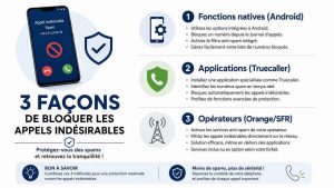 Infographie horizontale : les 3 façons de bloquer les appels indésirables sur Android, expliquées simplement