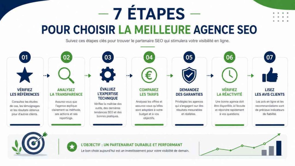 7 étapes pour choisir une agence SEO : références, transparence, expertise, tarifs, garanties, réactivité et avis clients.