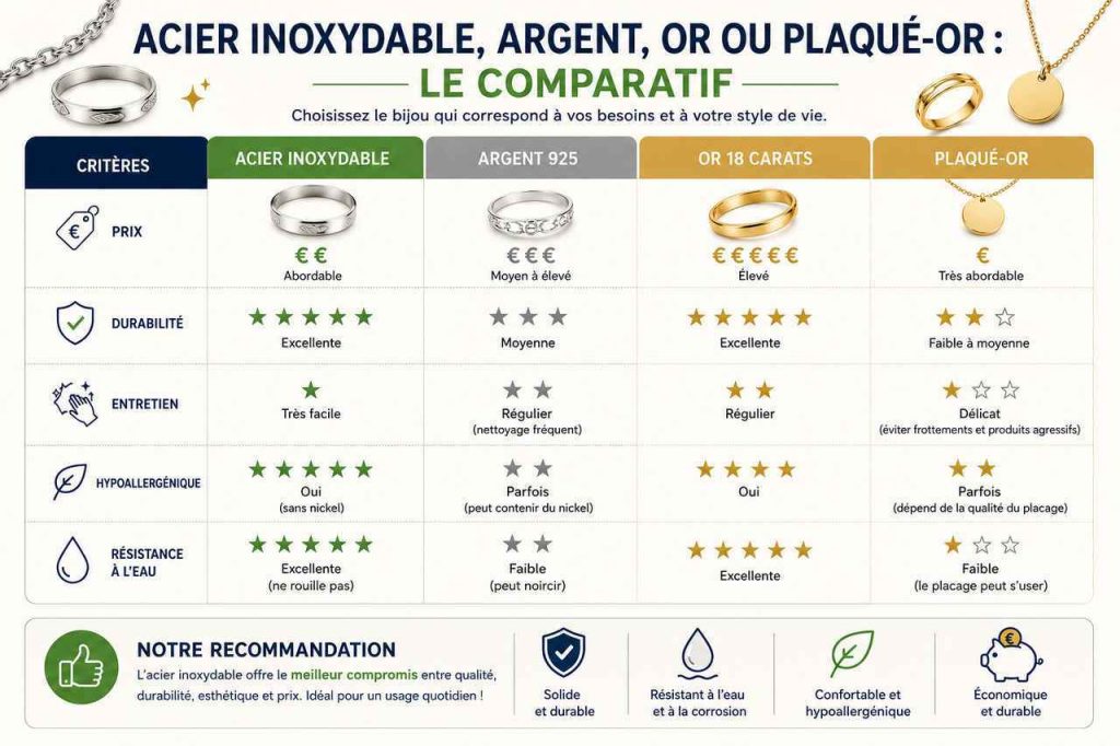 Comparatif complet entre l'acier inoxydable, l'argent, l'or et le plaqué-or : prix, durabilité, entretien et plus. Infographie pour vous aider à choisir