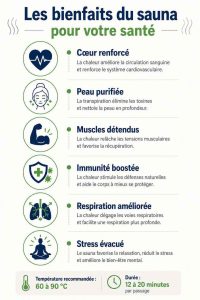 Les bienfaits du sauna pour la santé : relaxation, circulation, immunité et bien-être en une infographie claire et moderne