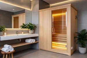 Cabine sauna en bois clair intégrée dans une salle de bains moderne avec carrelage gris et éclairage LED chaud. Inspiration pour créer un espace bien-être chez soi