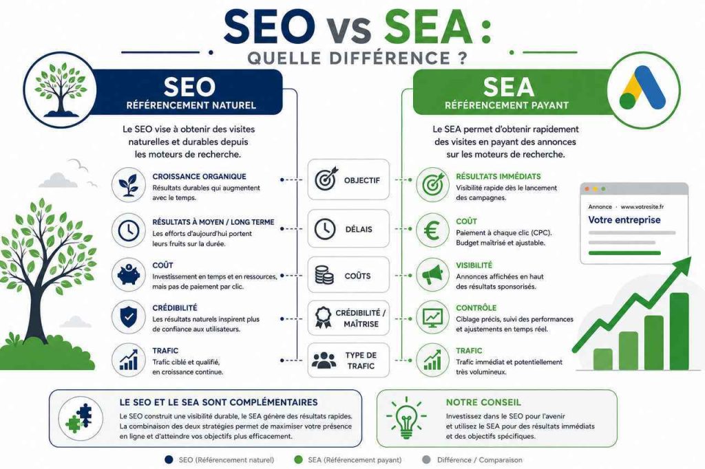 SEO vs SEA : quelles différences ? Comprenez comment combiner référencement naturel et payant pour maximiser votre visibilité en ligne