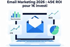 Découvrez pourquoi l’email marketing reste le canal le plus rentable en 2026 avec un ROI de 45€ pour 1€ investi. Infographie moderne et épurée pour illustrer les statistiques clés