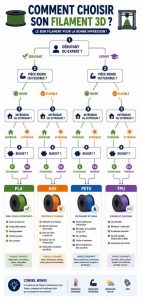 Vous ne savez pas quel filament 3D choisir ? Notre infographie vous guide pas à pas pour trouver le matériau idéal selon vos besoins !