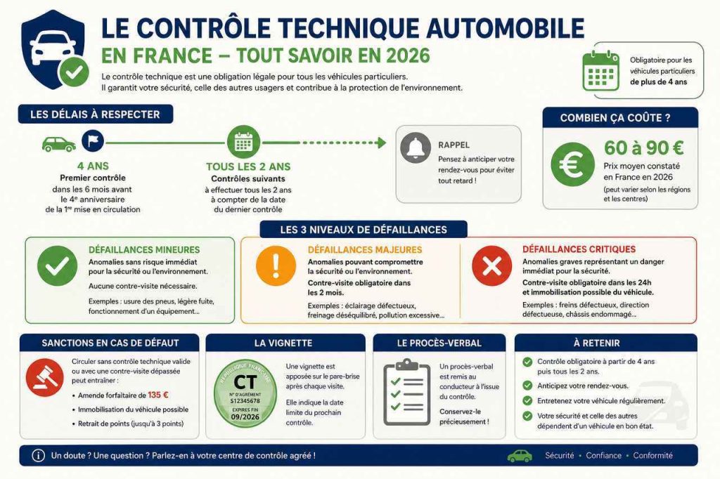 Infographie contrôle technique 2026 : délais, prix, défaillances, sanctions. Tout savoir en une image sur les obligations légales des automobilistes français