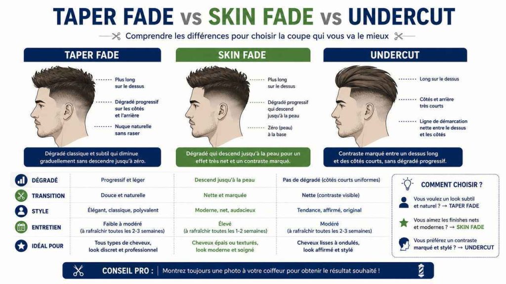 Comprenez enfin la différence entre taper fade, skin fade et undercut avec cette infographie claire et détaillée