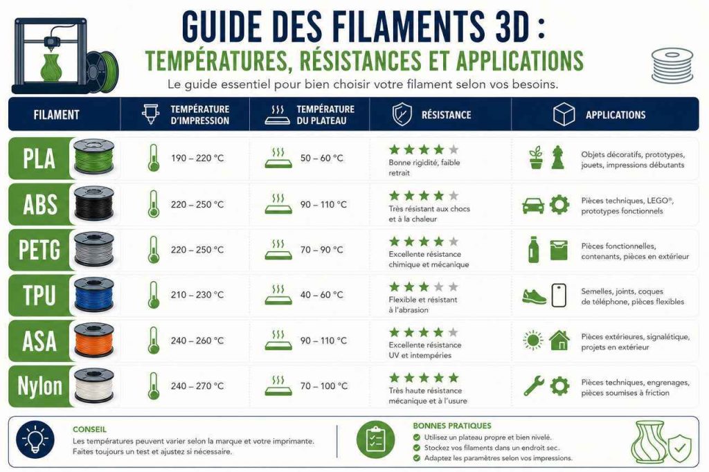 Tout savoir sur les filaments 3D : températures, résistances et applications. Le guide ultime pour bien choisir !