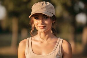 Femme portant une dad hat en coton délavé avec visière légèrement courbée. Look casual et décontracté, lumière naturelle extérieure. Idéale pour illustrer le confort quotidien de ce modèle