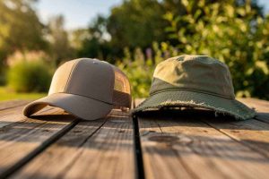 Casquette trucker et bucket hat posées sur une table en bois en plein air, journée ensoleillée. Style lifestyle outdoor pour illustrer les casquettes idéales pour l'été et les activités sportives