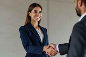 Une femme en tailleur serre la main d'un homme avec assurance lors d'un entretien professionnel. Posture droite, regard direct : la confiance en soi qui passe par le geste