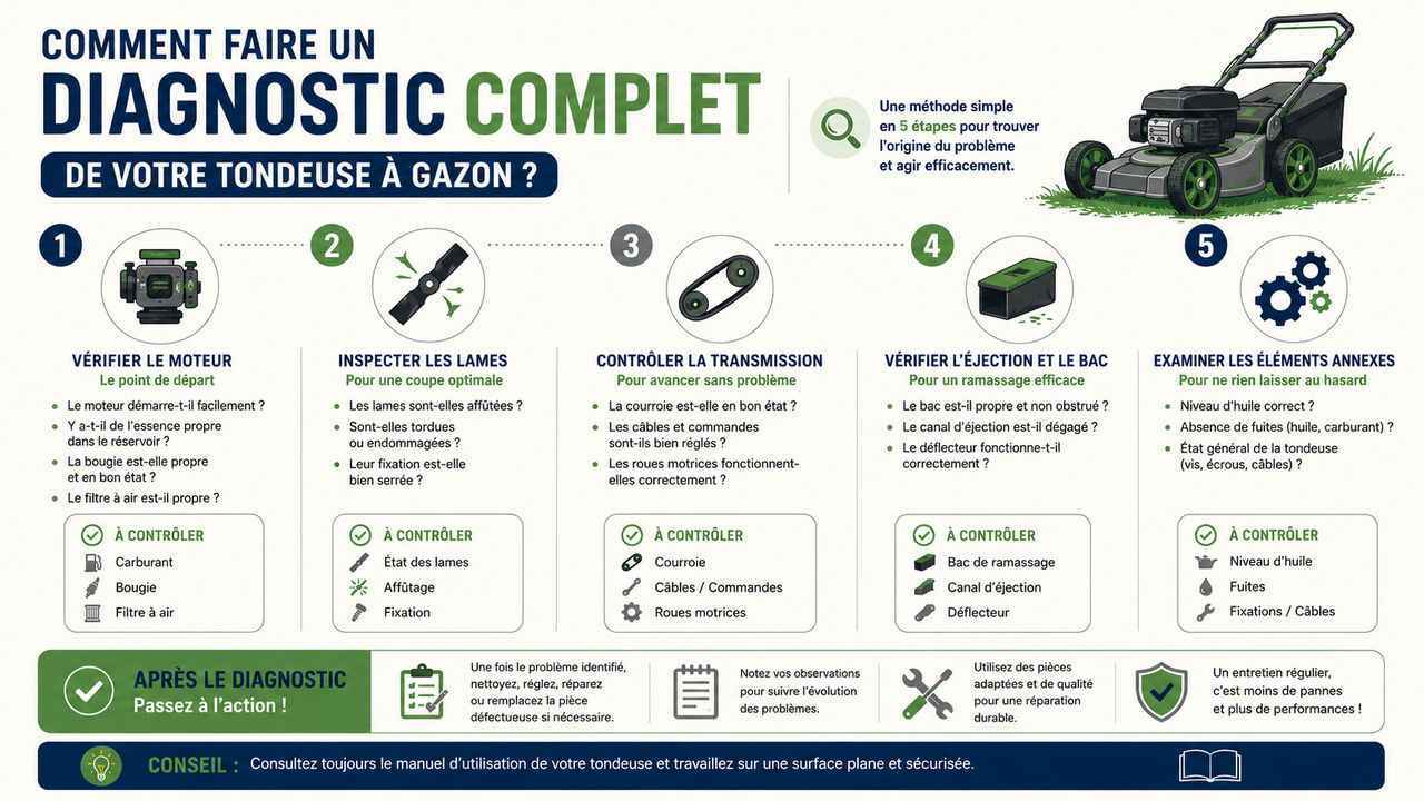 Infographie pratique : les 5 étapes pour diagnostiquer les pannes de votre tondeuse à gazon. Un guide visuel pour un dépannage efficace