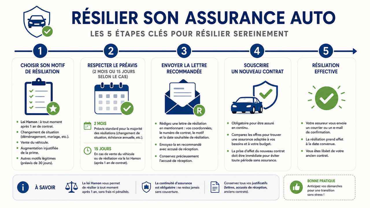 Infographie : les étapes clés pour résilier son assurance auto en France, de la loi Hamon aux délais de préavis