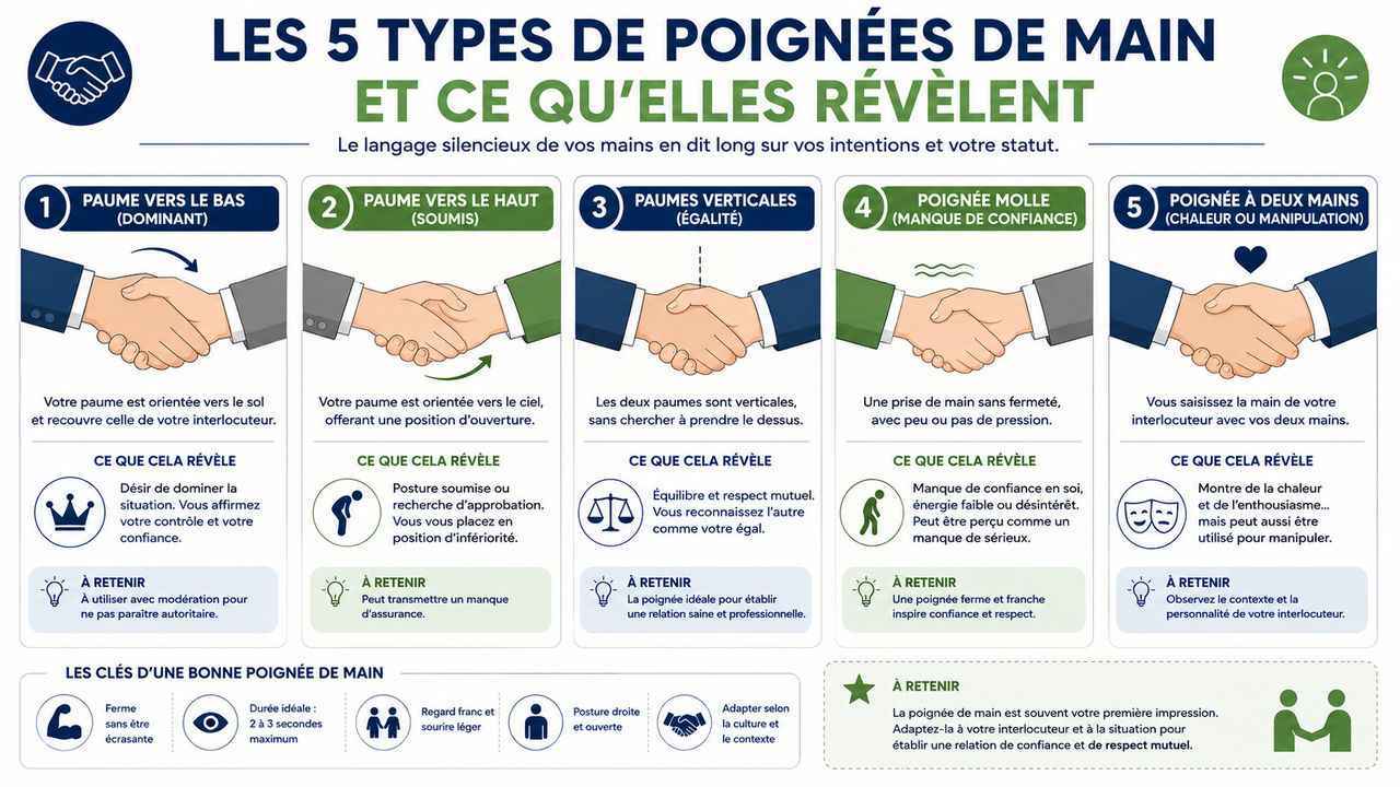 Infographie illustrant les 5 principaux types de poignées de main et leur signification : paume vers le bas, vers le haut, paumes verticales, poignée molle et poignée à deux mains. Un guide visuel pour décoder le langage non verbal
