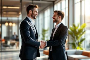 Deux professionnels se serrent la main dans un bureau moderne et lumineux, paumes verticales, regard direct et sourire franc. L'illustration parfaite d'une poignée de main équilibrée et convaincante en milieu professionnel