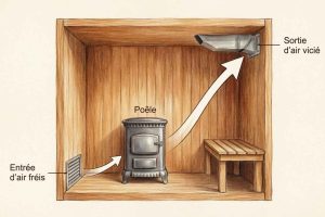 Schéma illustré de la ventilation d'un sauna en bois : entrée d'air frais en bas près du poêle, sortie d'air vicié en haut de la paroi opposée