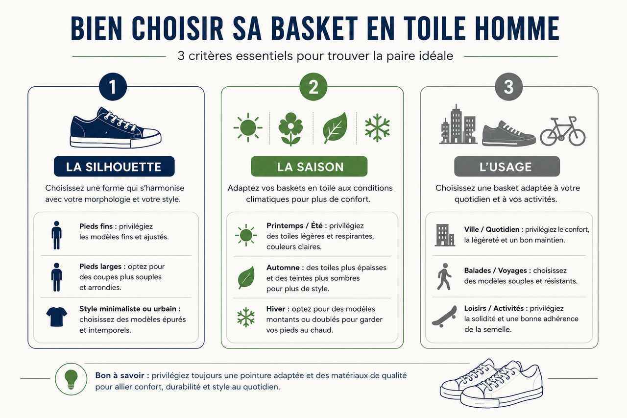 Silhouette, saison, usage : les 3 critères essentiels pour bien choisir sa basket en toile homme, résumés en une infographie claire