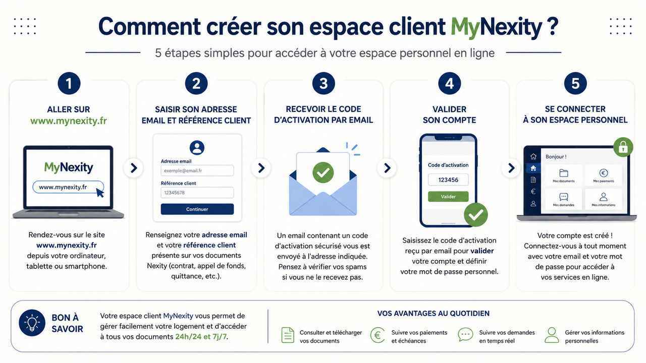 Infographie : les 5 étapes pour créer son compte MyNexity et accéder à son espace client Nexity en ligne