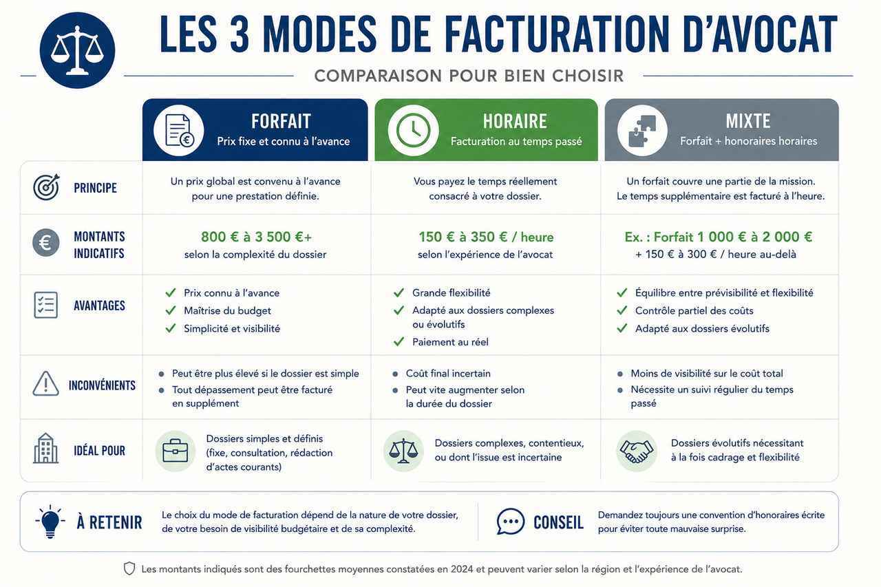 Forfait, horaire ou mixte : comparez en un coup d'œil les 3 principaux modes de facturation d'un avocat en droit du travail