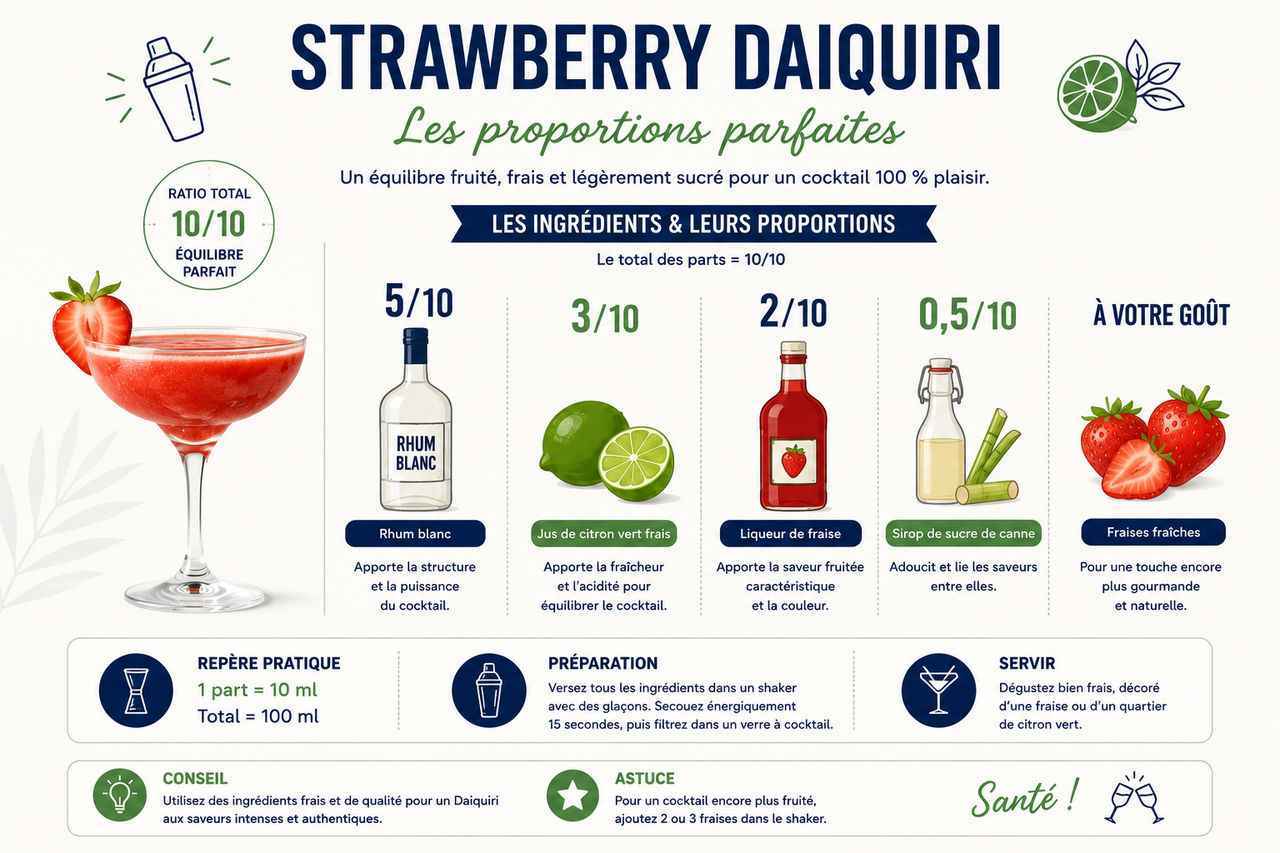 Toutes les proportions du Strawberry Daiquiri en un coup d'œil : rhum blanc, citron vert, liqueur de fraise et sirop de sucre de canne