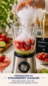 La préparation du Strawberry Daiquiri se fait en quelques minutes au mixeur, avec de la glace pilée pour obtenir une texture frappée parfaite