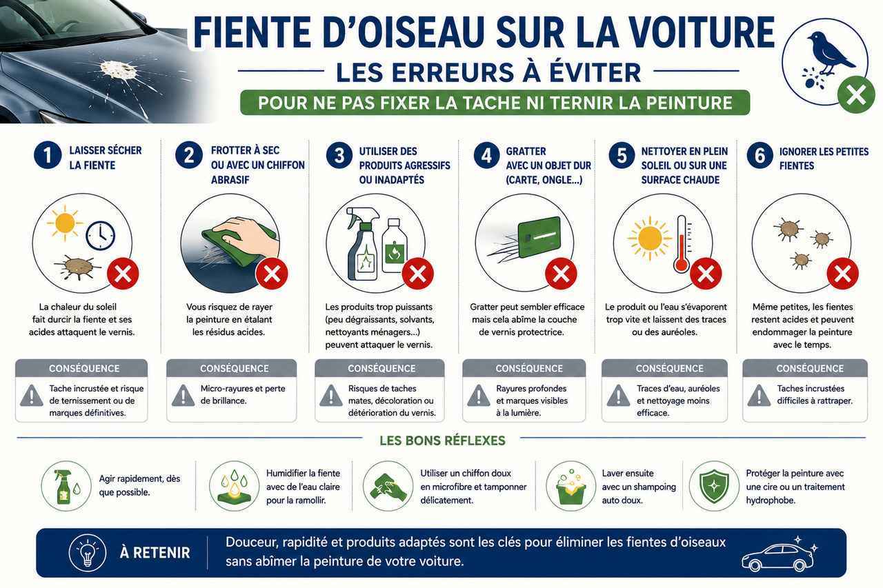 Infographie : les erreurs à éviter pour nettoyer une fiente d'oiseau sans abîmer votre voiture