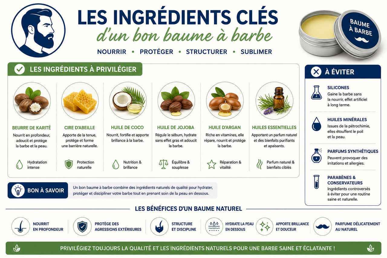 Infographie : les ingrédients clés d'un bon baume à barbe. Découvrez ce qu'il faut privilégier et éviter pour une barbe saine