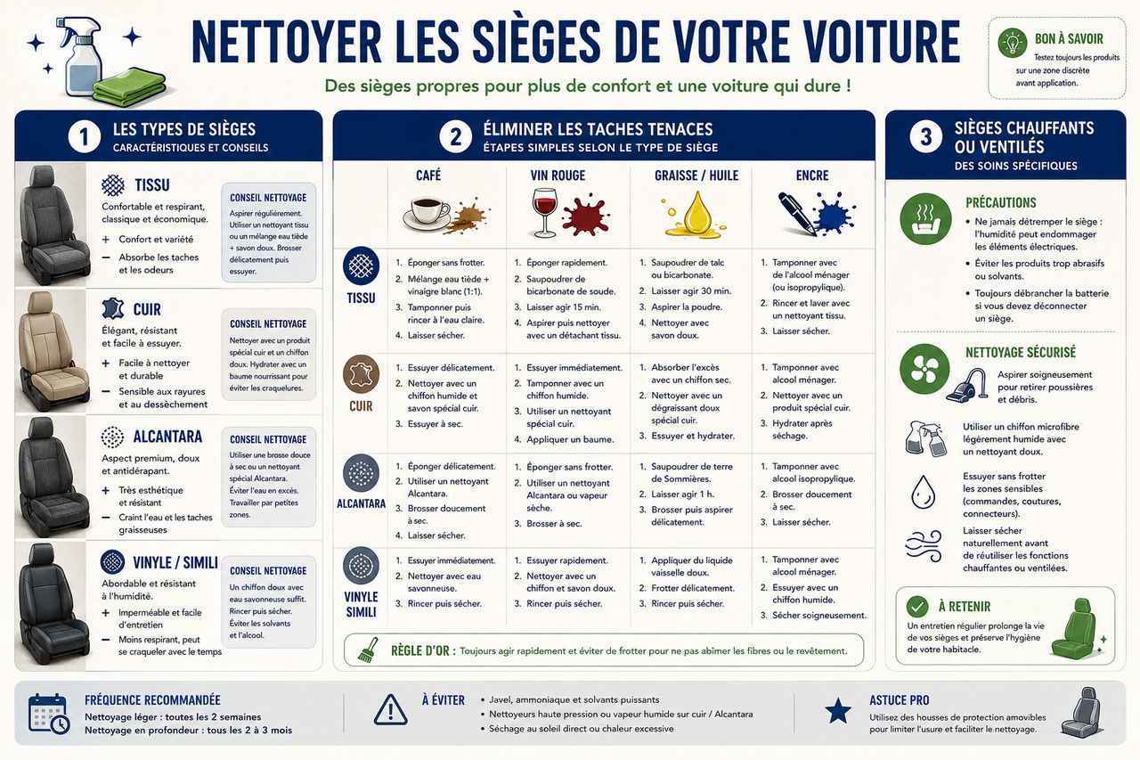 Infographie : Les étapes pour nettoyer les sièges de votre voiture. Types de sièges, astuces pour les taches difficiles et conseils pour les sièges chauffants ou ventilés