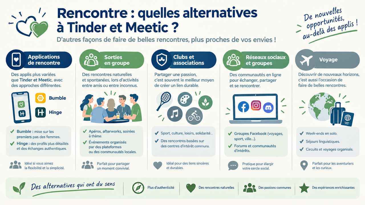 Infographie récapitulative des meilleures alternatives à Tinder et Meetic pour faire des rencontres