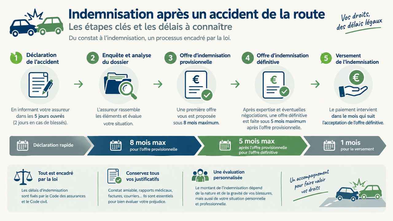 Les étapes et délais clés pour obtenir une indemnisation après un accident de la route, de la déclaration à l'assureur jusqu'au versement final