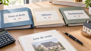Que payez-vous réellement lorsque vous réglez les frais de notaire ? Cette image illustre les trois grandes catégories de dépenses liées à une acquisition immobilière en France : les taxes et droits, les débours et les émoluments du notaire. Elle accompagne une explication pédagogique pour distinguer les sommes reversées aux administrations des dépenses liées au dossier et à la rémunération du professionnel. Un visuel pratique pour mieux comprendre son budget avant un achat immobilier