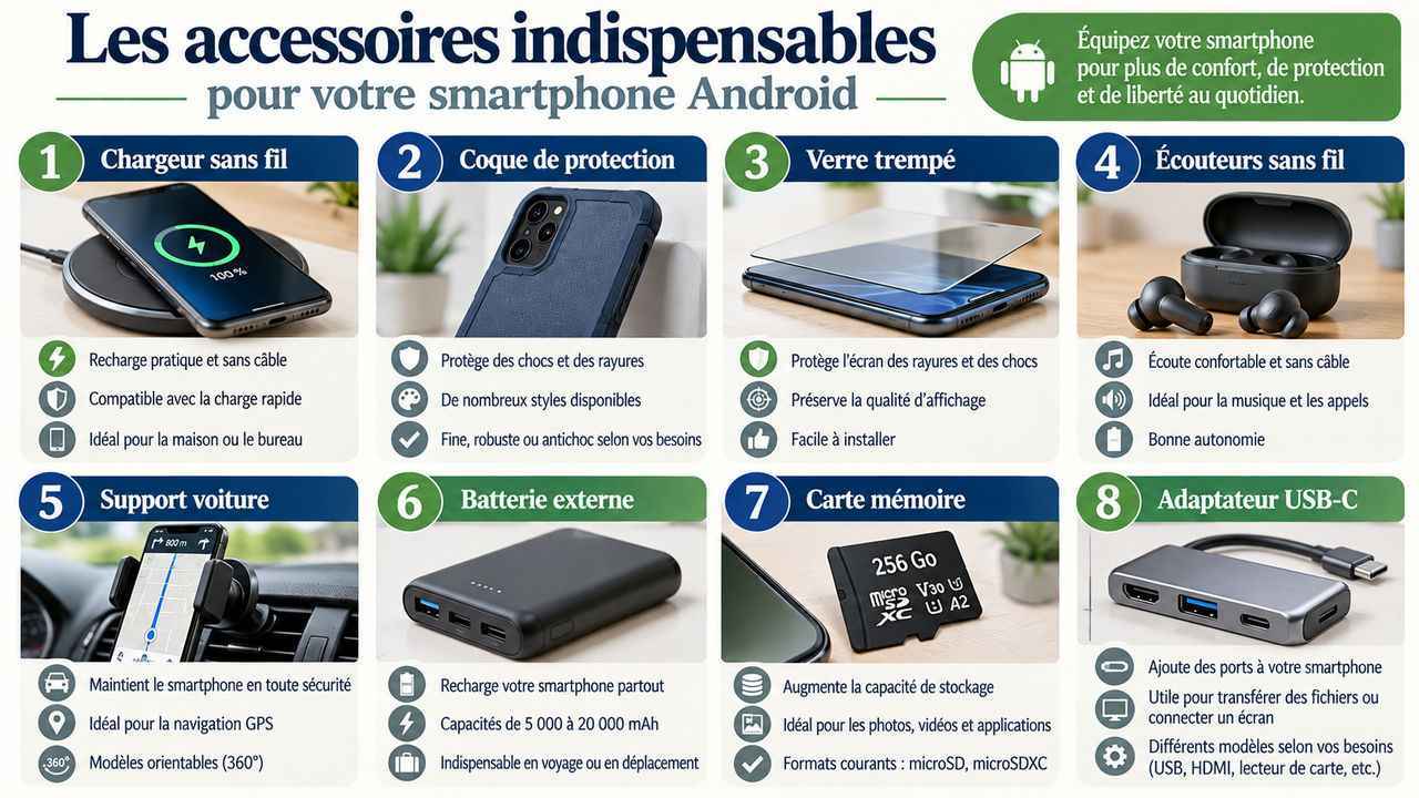 Tous les accessoires indispensables pour votre smartphone Android réunis dans une infographie claire : protection, autonomie, son et connectique