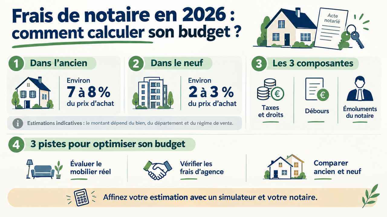 Besoin de calculer les frais de notaire avant d’acheter un logement ? Cette infographie résume les fourchettes indicatives pour l’ancien et le neuf, détaille les trois grandes composantes des frais d’acquisition et présente trois pistes pour optimiser légalement son budget. Elle rappelle également que le montant exact dépend du département et des caractéristiques de la vente. Enregistrez cette fiche pratique pour préparer votre financement et poser les bonnes questions à votre notaire
