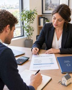 Comment obtenir une estimation fiable des frais de notaire avant de signer ? Cette photographie représente un acquéreur qui examine son budget avec un professionnel. Elle illustre l’intérêt d’utiliser un simulateur en ligne, de comparer les frais selon le type de bien et de demander un état prévisionnel au notaire. Un conseil visuel rassurant pour les futurs propriétaires qui souhaitent anticiper leurs dépenses et sécuriser leur plan de financement